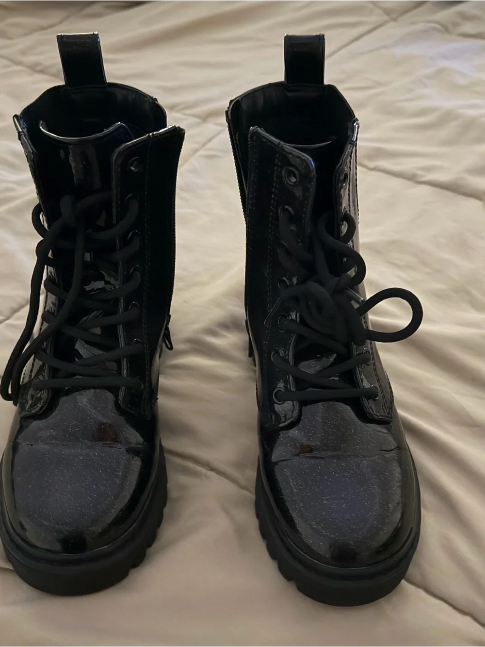 Kids Black Patent Lace-Up Boots